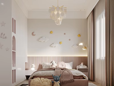 Cozy Kids Room Interior With Comfy Bed Cloud Moon Star Wall Decor And Chandelier 3d model