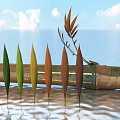 Plants on floating pipe with green yellow orange brown leaves under blue sky white clouds