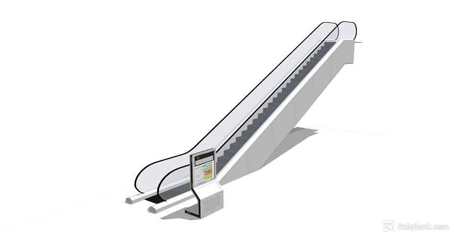 Commercial Escalator With Moving Steps Transparent Guardrails And Bottom Control Panel Design 3d model