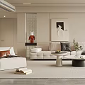 Minimalist Modern Living Room Interior With White Sofa Coffee Tables Decorative Art And Floor Lamp