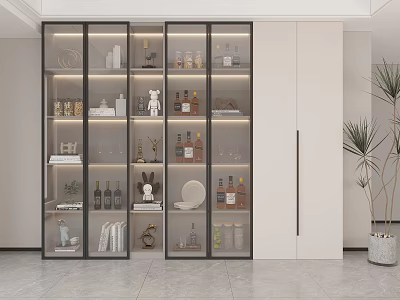 Modern Wine Cabinet With Glass Doors LED Lighting Wine Bottles Glassware And Decorative Pieces 3d model