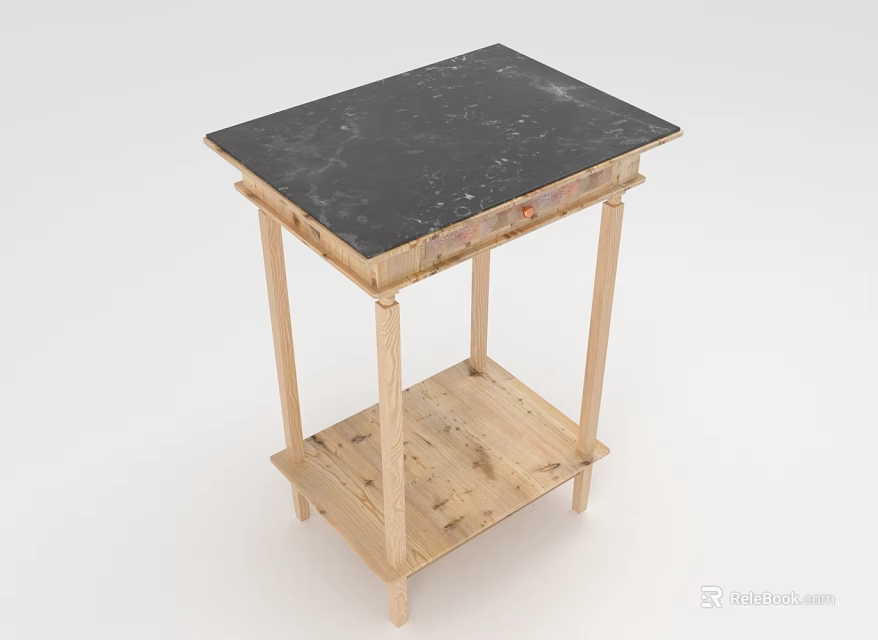 Wooden Frame Side Table With Black Marble Top And Lower Shelf 3d model 