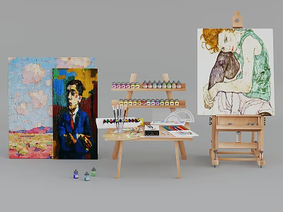 Wooden Easel Canvas Small Table With Colorful Paint Tubes And Art Brushes 3d model
