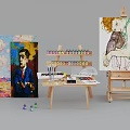 Wooden Easel Canvas Small Table With Colorful Paint Tubes And Art Brushes