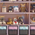 Colorful Plush Stuffed Animals Display on Multi Layer Shelves With Various Styles And Storage Baskets