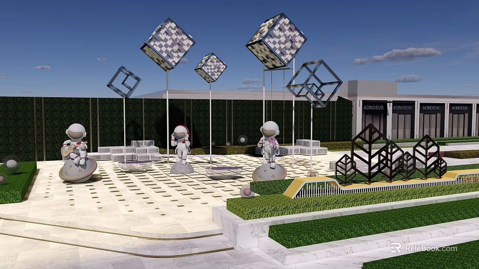 Commercial Landscape Featuring Astronaut Sculptures Geometric Art Installations Open Plaza Green Lawn And Commercial Buildings 3d model 