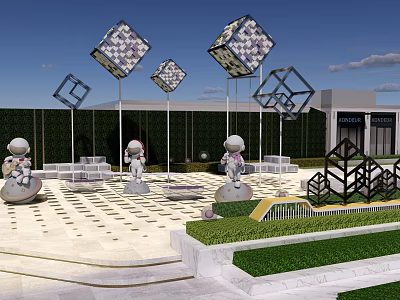Commercial Landscape Featuring Astronaut Sculptures Geometric Art Installations Open Plaza Green Lawn And Commercial Buildings 3d model
