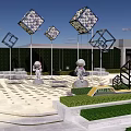 Commercial Landscape Featuring Astronaut Sculptures Geometric Art Installations Open Plaza Green Lawn And Commercial Buildings