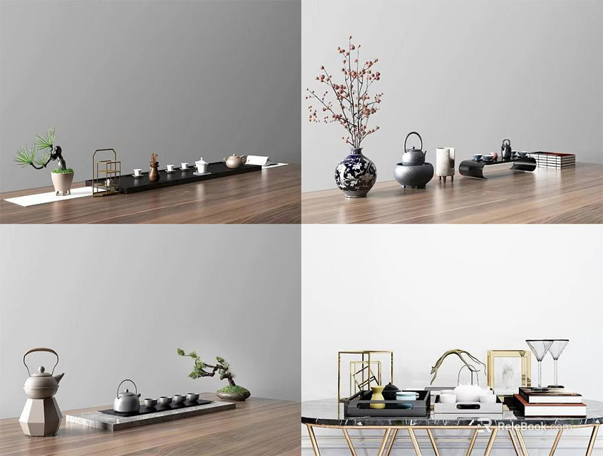 Modern Ceramic Tea Set With Silver Teapot Cups And Green Plants On Wooden Tabletop 3d model 