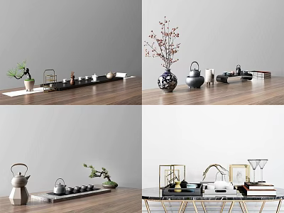 Modern Ceramic Tea Set With Silver Teapot Cups And Green Plants On Wooden Tabletop 3d model