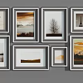 Various Size Photo Frames With Different Designs And Decorative Art Arranged On Gray Background