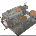 Modern Gray Sofa Coffee Table Combination With Throw Pillows Bean Bag Chair Wooden Side Table 3d model