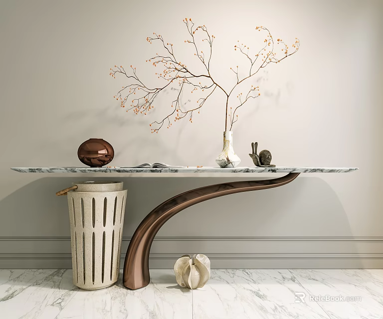 Modern Entryway Cabinet Sideboard With Curved Design Marble Top And Branch Vase Copper Sphere Shells 3d model 