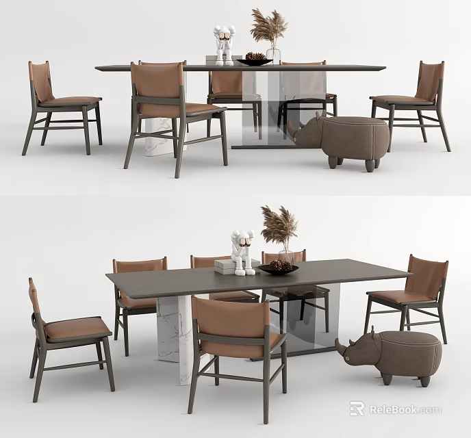 Modern Dining Set With Marble Tabletop Brown Chairs And Decorative Ottoman 3d model