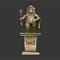 Carved Stone Statue Holding Golden Scepter Wearing Cape On Marble Pedestal With Plaque
