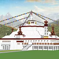Ancient Tibetan Stupa Architecture with Colorful Prayer Flags Mountain Backdrop and Green Lawn