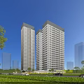 Modern Office Building Exterior With Tall High Rise Structure Greenery And Cars On Road