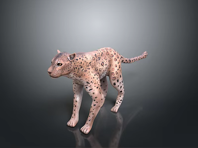 Detailed Snow Leopard Figurine With Spotted Pattern Standing On Dark Reflective Surface 3d model