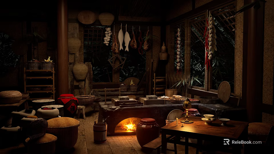 Traditional Rustic Restaurant Interior With Fireplace Hanging Food And Clay Pots 3d model 