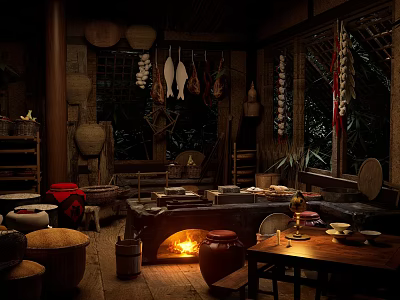 Traditional Rustic Restaurant Interior With Fireplace Hanging Food And Clay Pots 3d model