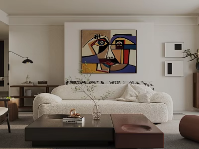 Modern Living Room Interior With Abstract Art Painting White Sofa Black Coffee Table And Decorations 3d model