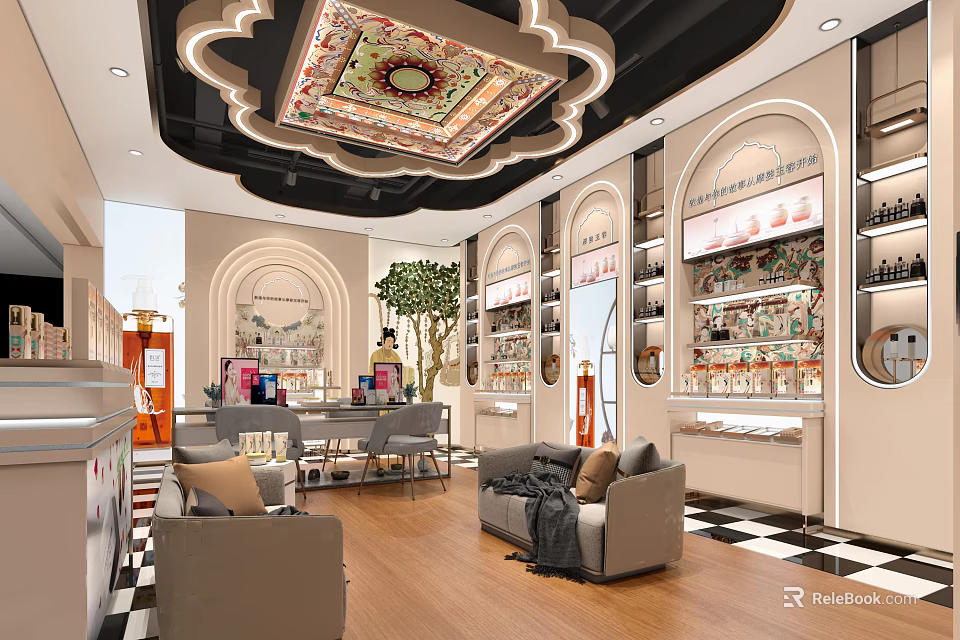 Elegant Shopping Mall Retail Counter With Ornate Ceiling Display Shelves And Sofa Seating 3d model 