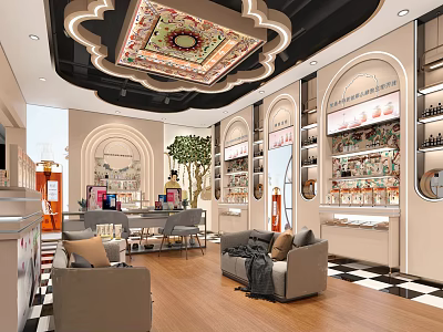 Elegant Shopping Mall Retail Counter With Ornate Ceiling Display Shelves And Sofa Seating 3d model