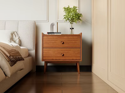 Wooden Bedside Table With Two Drawers And Vase Green Plant In Bedroom Next To Bed 3d model