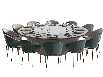 Modern Round Dining Table Set With Green Chairs And Tableware Glasses 3d model