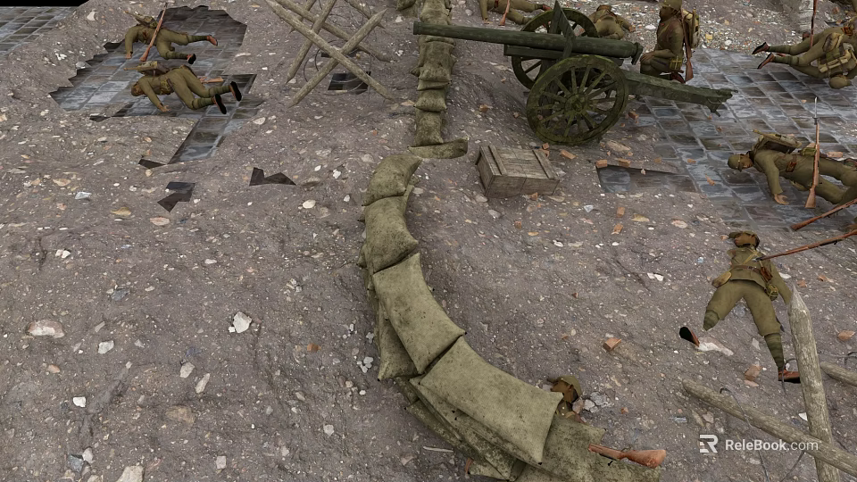 Cartoon Scene of Battlefield Ruins Sandbag Fortifications Old Cannon Scattered Bricks Debris Soldiers Crawling Walking 3d model 