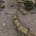 Cartoon Scene of Battlefield Ruins Sandbag Fortifications Old Cannon Scattered Bricks Debris Soldiers Crawling Walking