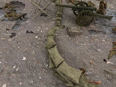 Cartoon Scene of Battlefield Ruins Sandbag Fortifications Old Cannon Scattered Bricks Debris Soldiers Crawling Walking 3d model