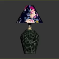 Decorative Table Lamp With Green Cracked Base And Dark Blue Floral Lampshade