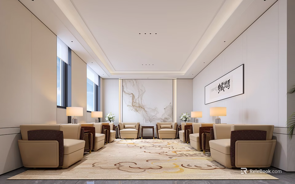 Modern Elegant Leisure Area Interior With Beige Brown Sofas Table Lamps And Patterned Carpet 3d model