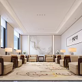Modern Elegant Leisure Area Interior With Beige Brown Sofas Table Lamps And Patterned Carpet 3d model