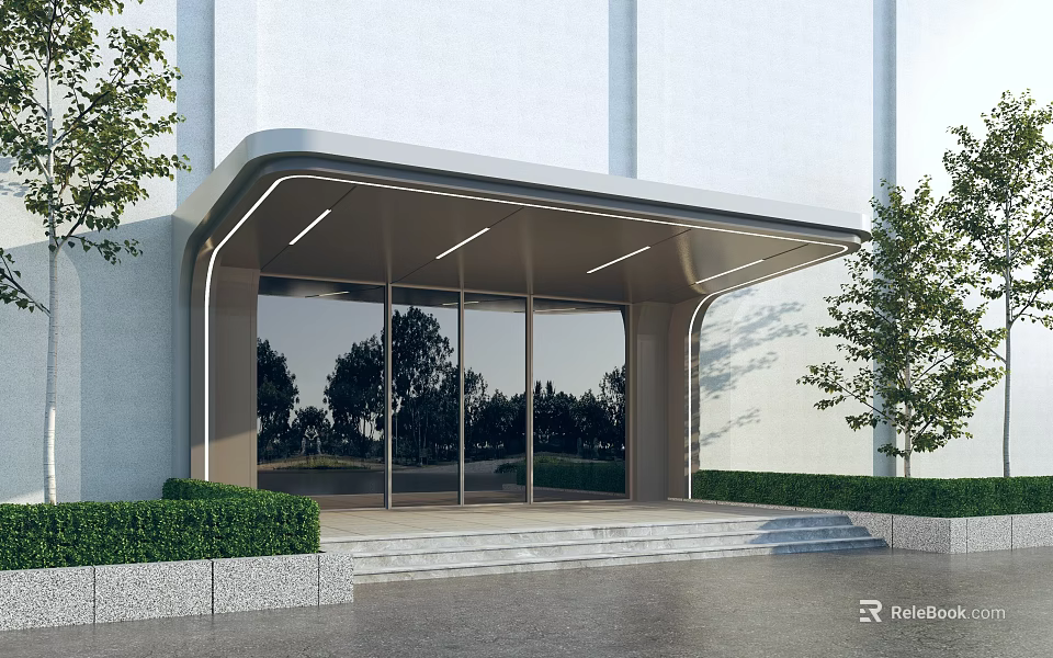 Modern Building Entrance With Glass Doors Metal Canopy Greenery White Walls And Steps 3d model 