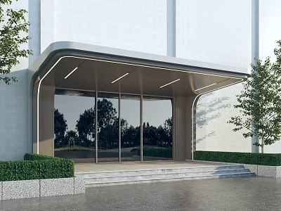 Modern Building Entrance With Glass Doors Metal Canopy Greenery White Walls And Steps 3d model