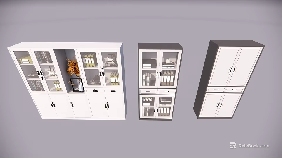 White Modern Storage Cabinets With Glass Doors Drawers And File Organizers 3d model 