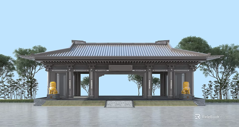 Traditional Chinese Entrance Gate With Classic Tile Roof Stone Lions and Surrounding Trees 3d model 