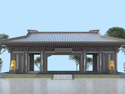 Traditional Chinese Entrance Gate With Classic Tile Roof Stone Lions and Surrounding Trees 3d model