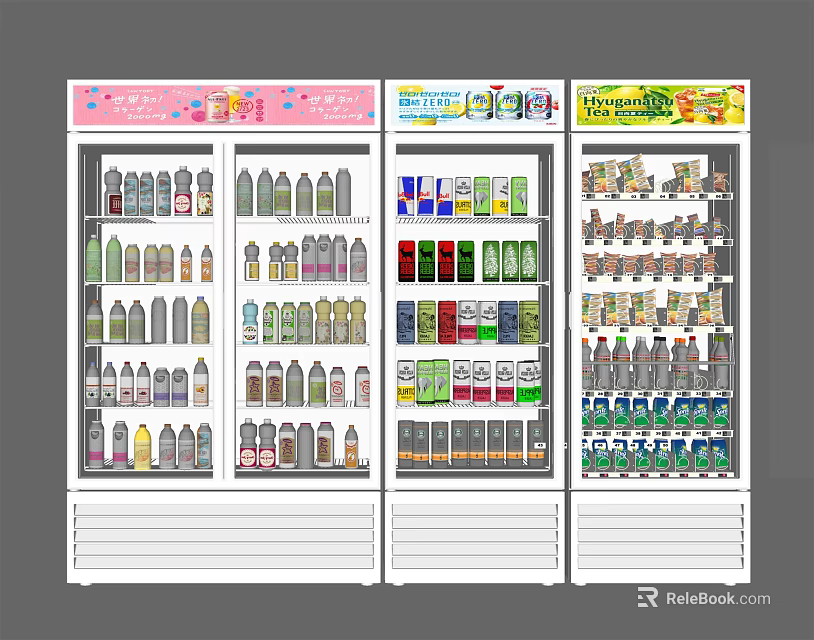 Three Commercial Refrigerators Filled With Various Bottled Beverages And Drinks 3d model