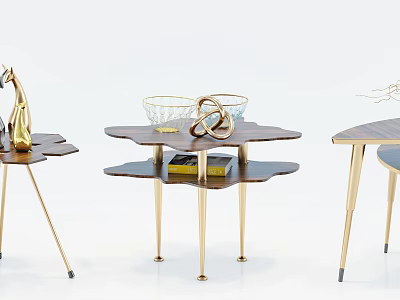 Modern Side Tables Featuring Gold Metal Legs Wooden Tops And Decorative Items 3d model