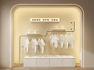 Baby Clothes Display with Hanging Onesies Hats and White Storage Cabinet in Warm Light 3d model