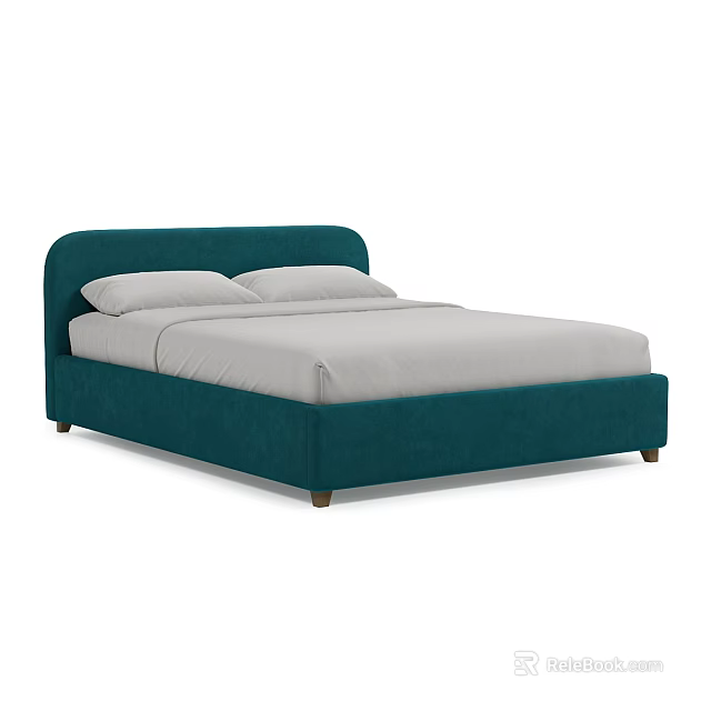 Teal Velvet Double Bed With Curved Headboard Wooden Legs And Light Gray Sheets 3d model 