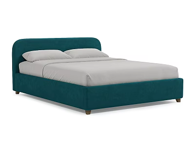 Teal Velvet Double Bed With Curved Headboard Wooden Legs And Light Gray Sheets 3d model