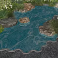 Tranquil Water Fountain with Natural Rocks Green Plants and Stone Lantern