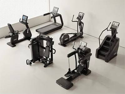 Different Types of Black Fitness Equipment with Digital Screens in Modern White Room 3d model