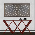 Red Geometric Console Table With Vintage Camera And Polka Dot Wall Art 3d model