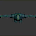 Blue Humanoid Character Wearing Blue Bodysuit With Green Stripes Red Eyes And Outstretched Arms