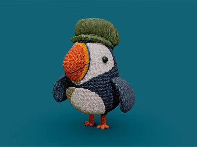 Knitted Puffin Doll With Green Hat Orange Beak Blue And White Body On Blue Background 3d model
